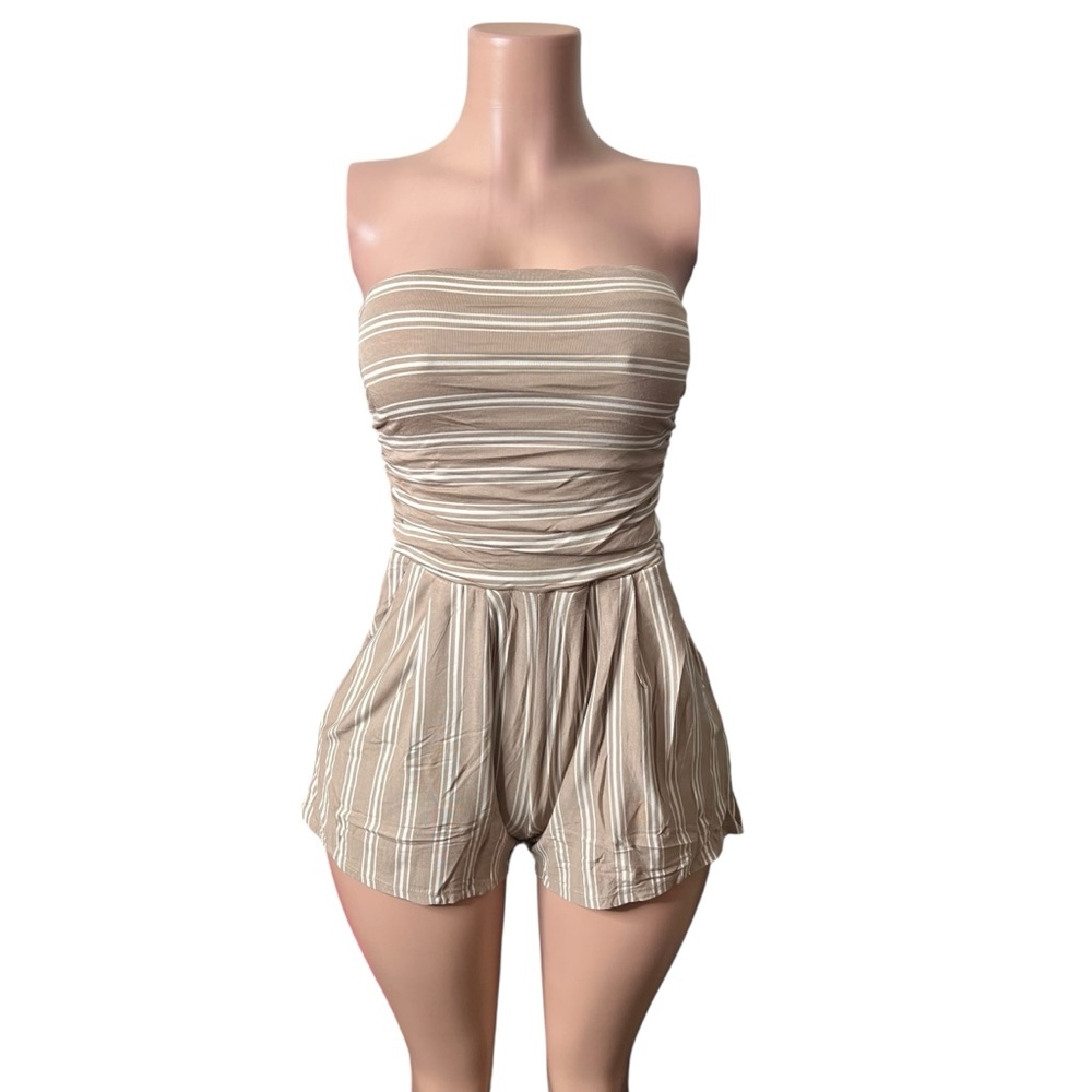 Beige Striped Strapless Romper - Women's Jumpsuit